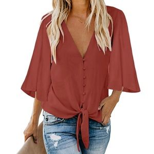 V Neck Tops 3/4 Sleeve Tie Knot Blouses Solid Button Down Shirt